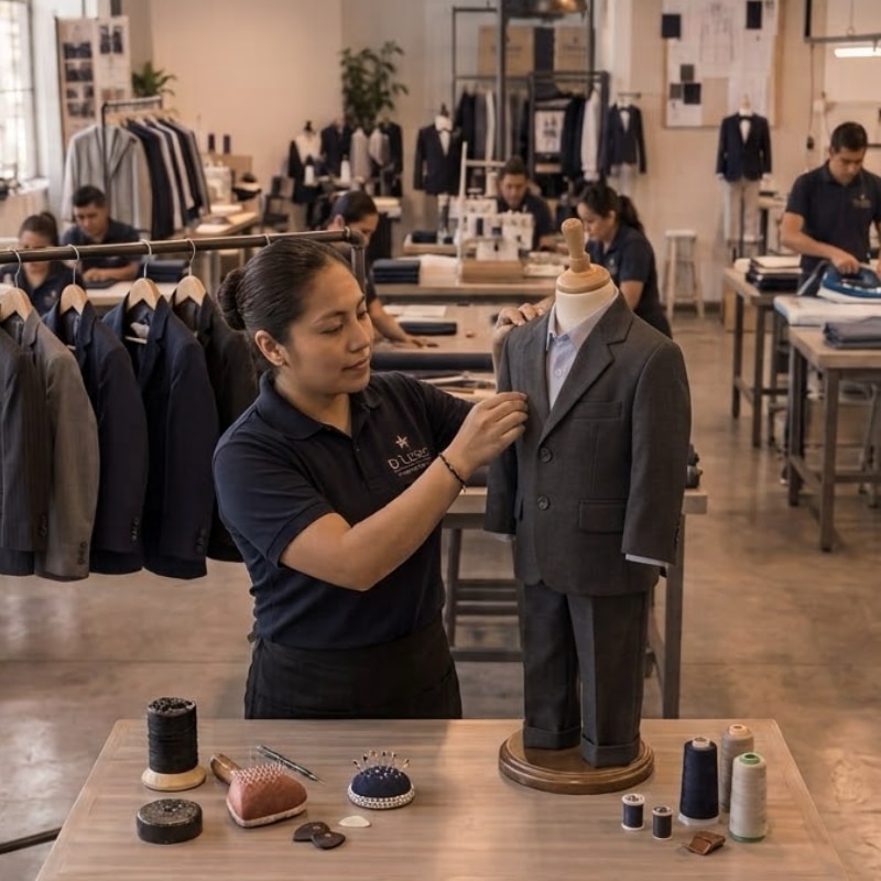 Costurera ajustando un traje para niño en el taller de D&rsquo;Laizor