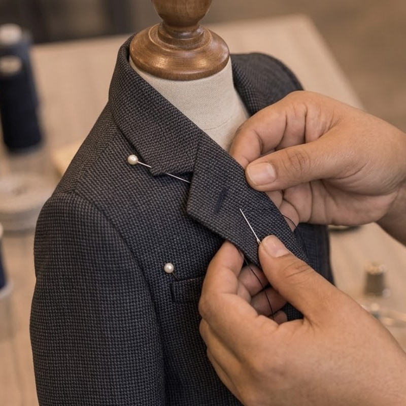 Detalle de costura a mano en la solapa de un saco