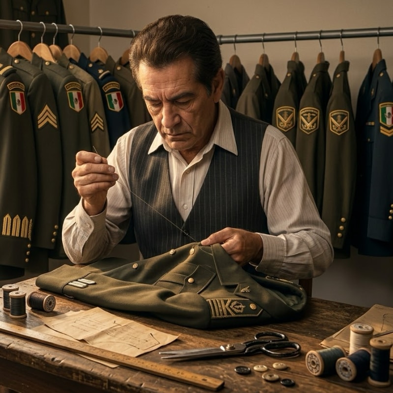 Sastre trabajando un uniforme militar en una sastrería tradicional