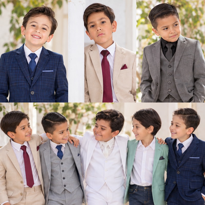 Niños con trajes D&rsquo;Laizor en azul marino, beige, gris y blanco